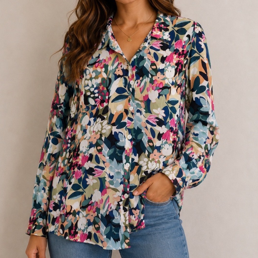 Colorful Floral Button Up Blouse Medium Botanical Artsy Dopamine Garden Shirt